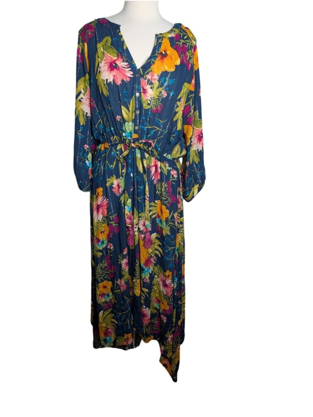 Cult Of Design Floral Maxi Dress 1X With Metallic Gold Threads Shark Bite Hem 3/ - Picture 12 of 14